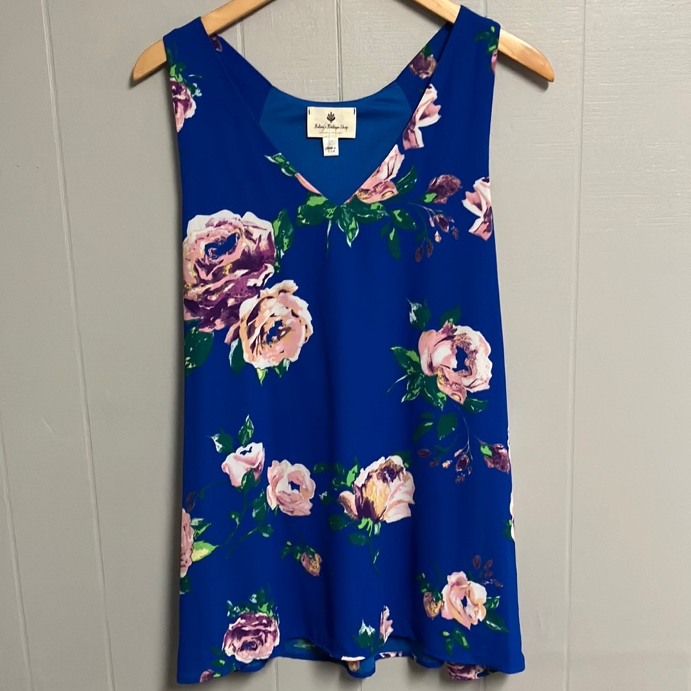 Sleeveless Floral V-Neck Top - Blue with Pink Roses